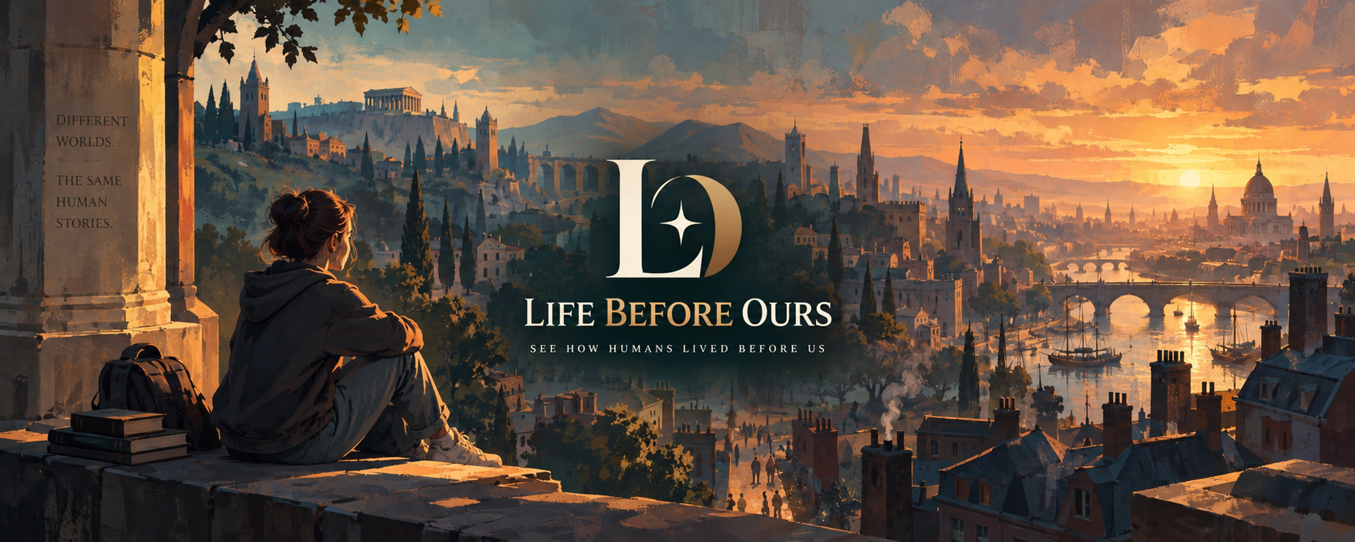 A modern traveler sits on a stone wall, gazing at a painted city where the Parthenon, medieval spires, and Victorian rooftops stand together under one sunset.
