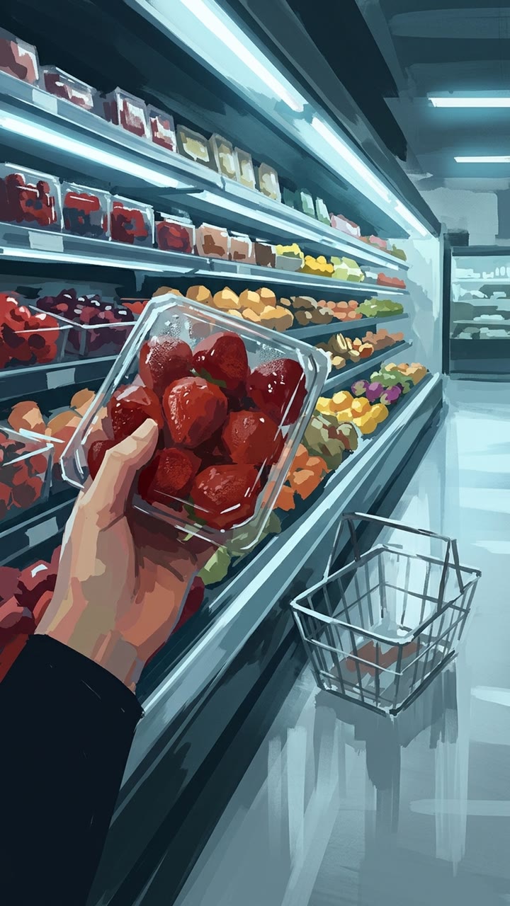 Today: a hand lifts a plastic punnet of strawberries from a supermarket shelf under cold fluorescent light.