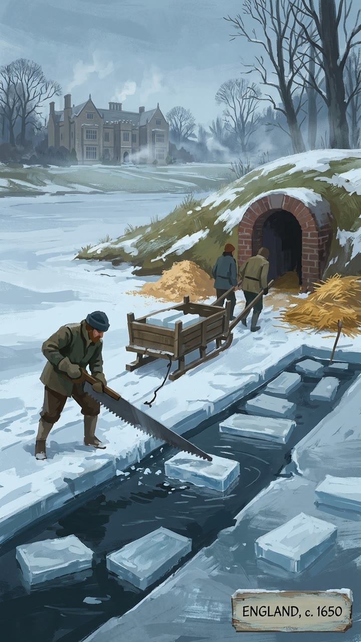 England, c. 1650: laborers saw blocks of ice from a frozen river and haul them on a sledge to a brick ice house beside the manor.